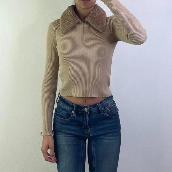 Tan Long Sleeve Top with Fur - Picture 1 of 5